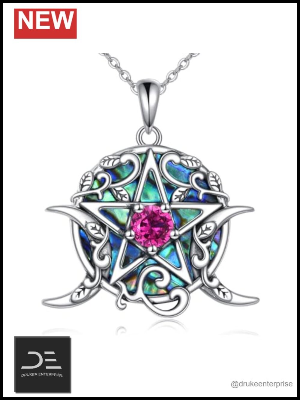 925 Sterling Silver Pentagram Necklace Triple Moon Pagan Wiccan Jewelry